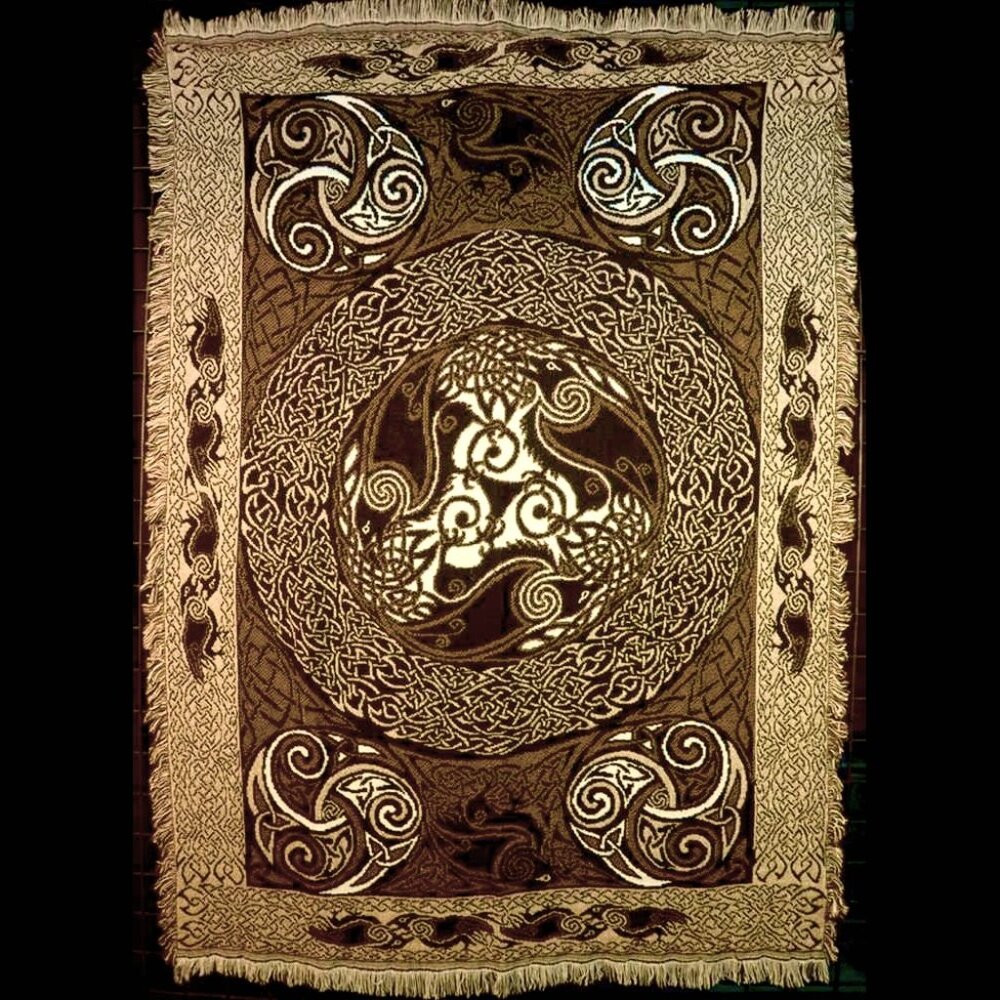Vintage Jen Delyth Celtic Triple Raven Tapestry Afghan Throw Artisan Woven